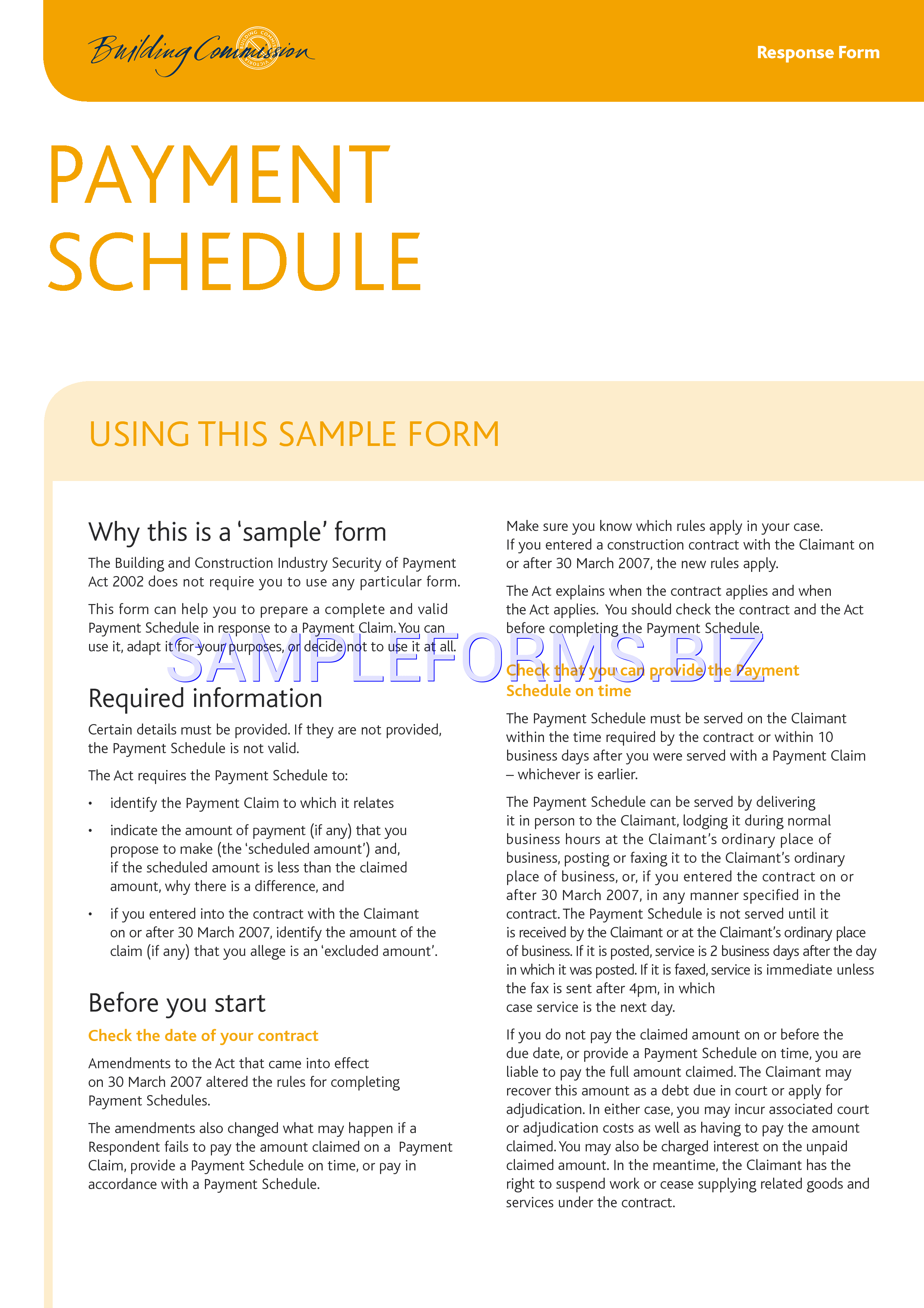 Preview free downloadable Payment Schedule (Sample Form) in PDF (page 1)
